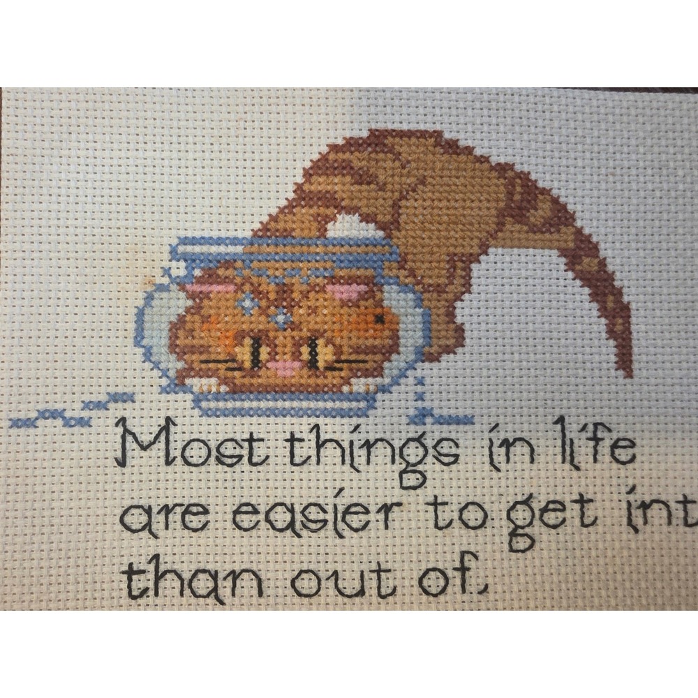 Vintage Handmade Cat Cross Stitch Wall Art Humor 5x7 Ginger Tabby Unframed - Picture 2 of 4